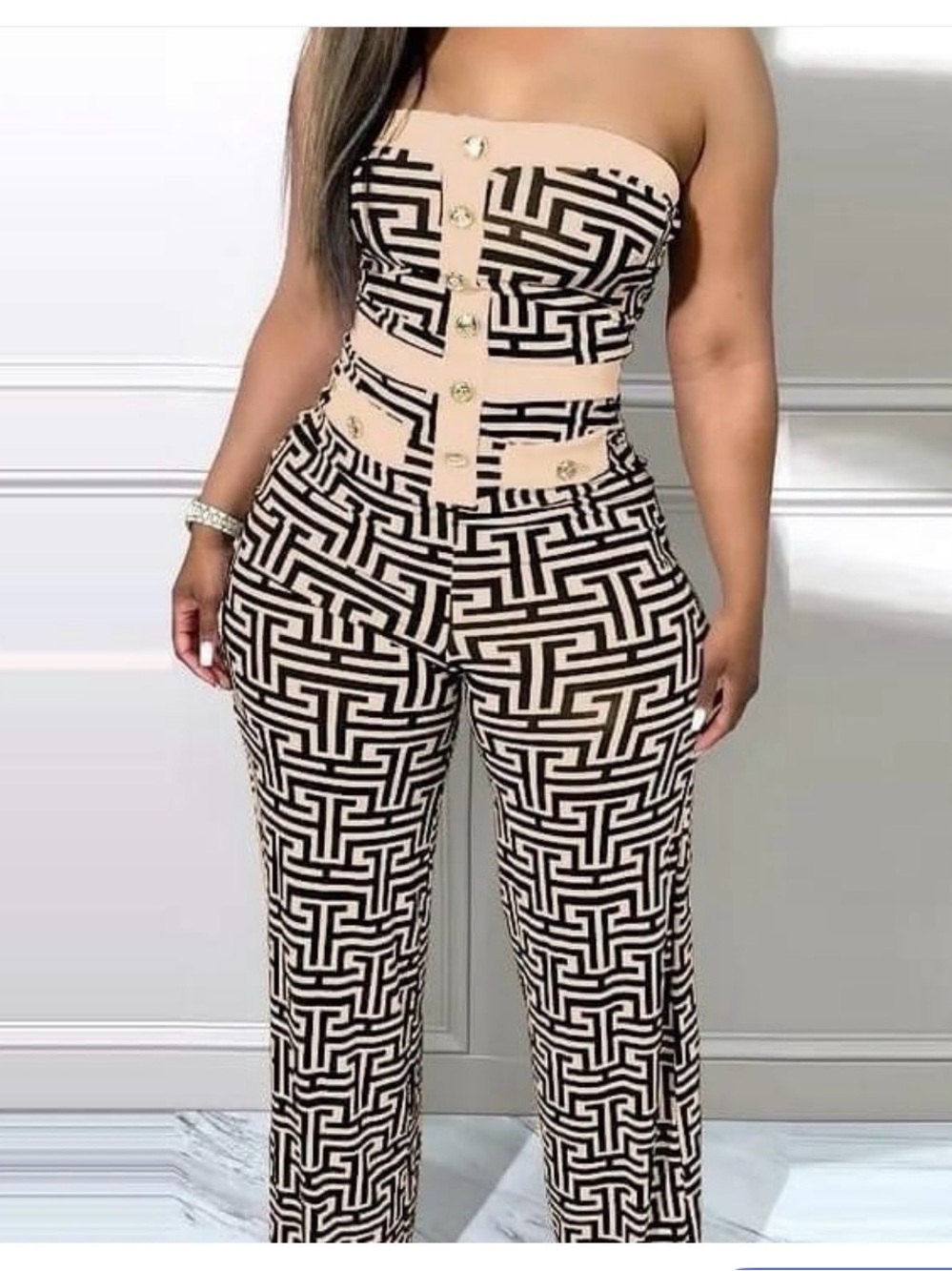 Strapless Beige & Black Geometric Jumpsuit